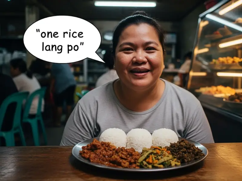 reduce extra rice carinderia Filipino man at a carinderia choosing less rice with his meal.