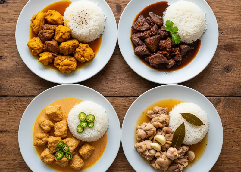 regional filipino adobo variations Different Filipino regional adobo variations served on a wooden table with rice.