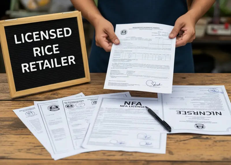 rice business permits nfa Rice store’s business and NFA permits displayed on a table with a signboard.