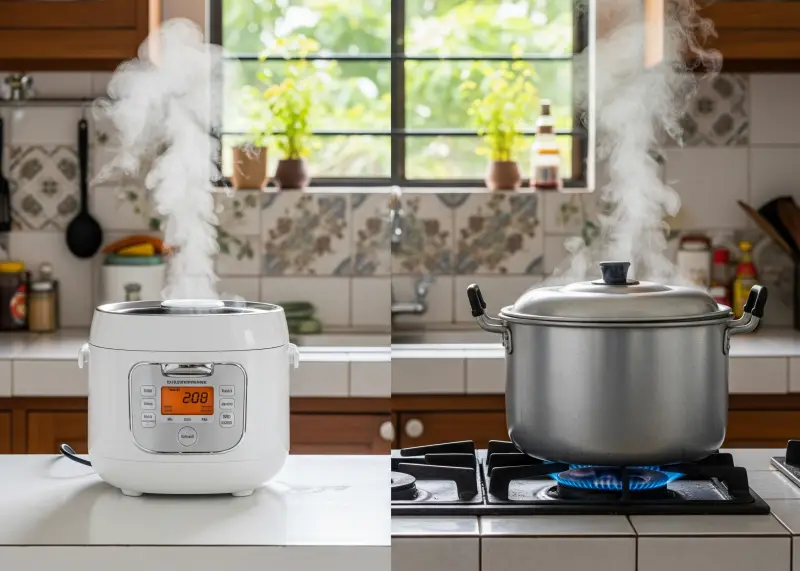 rice cooker vs kaldero philippines Rice cooker beside a kaldero on a gas stove in a Filipino kitchen.