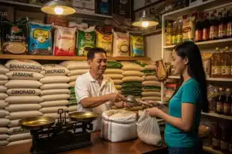 A Filipino rice store with sacks of rice and a weighing scale, serving daily customers.