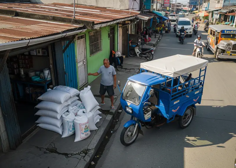 rice supplier delivery neighborhood Rice sacks being delivered to a neighborhood rice store from a supplier.