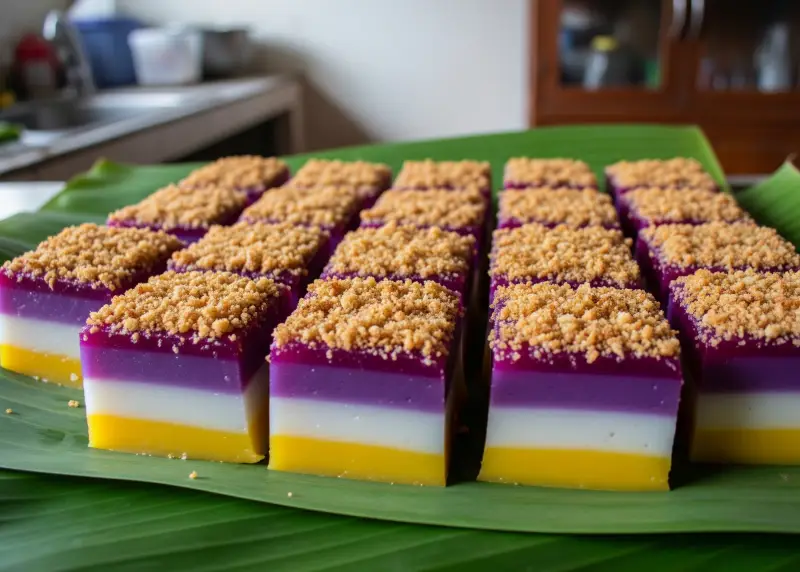 sapin sapin filipino dessert Colorful layered sapin-sapin topped with latik, served on banana leaves.