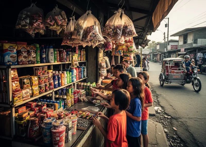 sari sari store popular barangay Barangay sari-sari store with sachets and kids buying snacks.