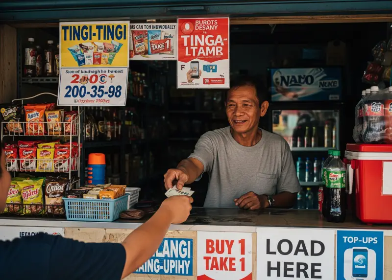 sari sari store strategies to increase profits Sari-sari store owner serving customers with promo signs like tingi-tingi and load.