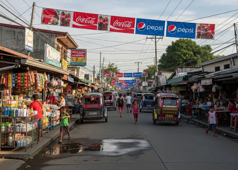 sari sari stores philippine economy Multiple sari-sari stores lined up on a barangay street with people buying goods.