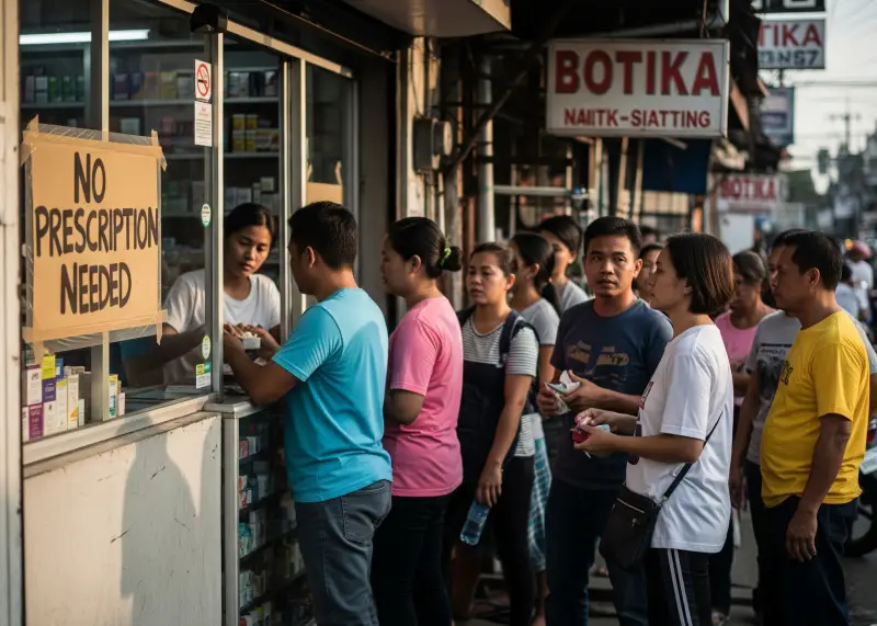 self medication common pharmacy philippines Locals lining up at a small pharmacy with a “No Prescription Needed” sign.