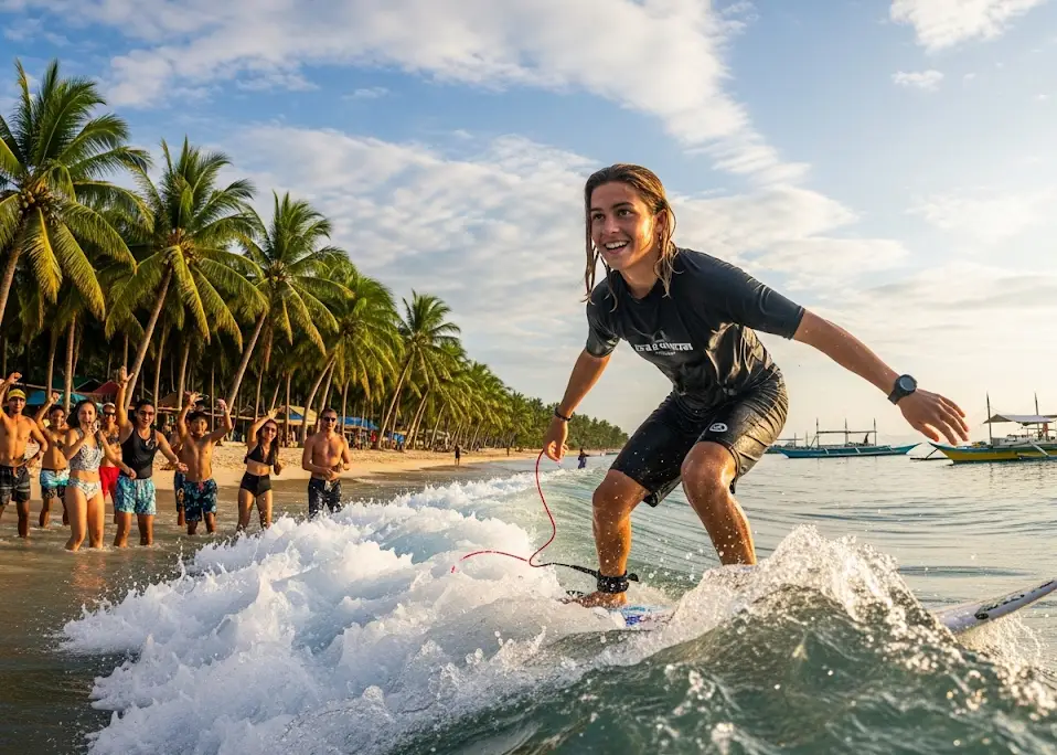 siargao beginner surf action Beginner surfer riding a small wave in Siargao with friends cheering.