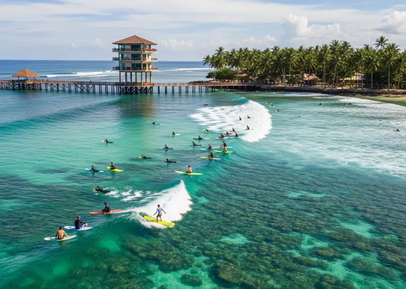 siargao cloud9 drone surfers Drone view of surfers at Cloud 9, Siargao with boardwalk and turquoise waves.