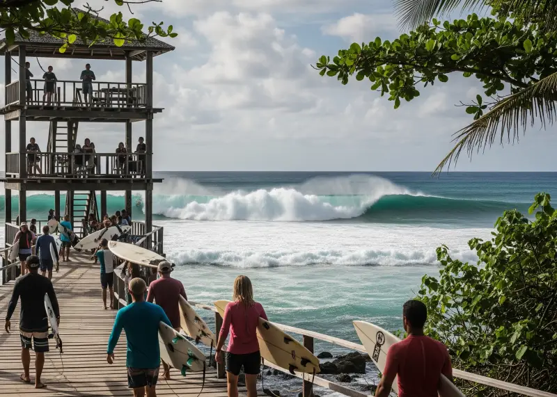 siargao cloud9 surf spot 2025 Surfers walking along the boardwalk at Cloud 9 in Siargao.