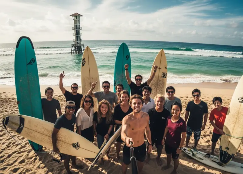 siargao friends surf selfie Group selfie of surfers with boards at Siargao’s Cloud 9 beach.