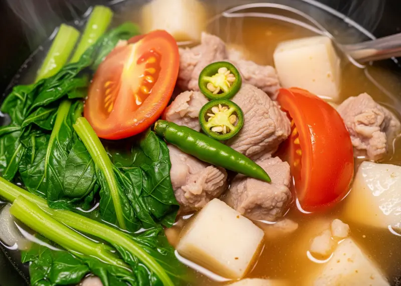 sinigang filipino comfort food Pork sinigang with vegetables in a sour tamarind broth.