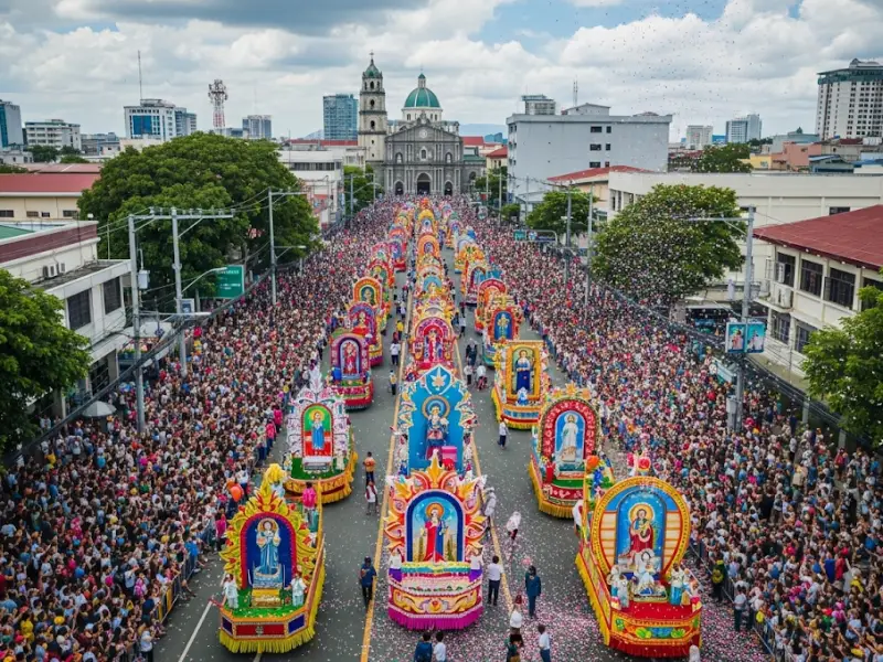 sinulog cebu city when where Drone view of Cebu City during Sinulog Festival with parade crowds.