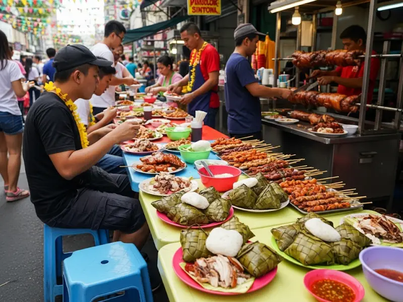 sinulog cebu streetfood lechon Locals and tourists eating lechon and puso rice at a Cebu street stall.