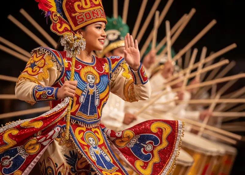 sinulog dancer closeup A Sinulog dancer in elaborate costume performing the traditional two-step dance.