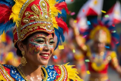 Smiling Sinulog dancer in colorful costume and feathered headdress during Cebu’s grand parade.