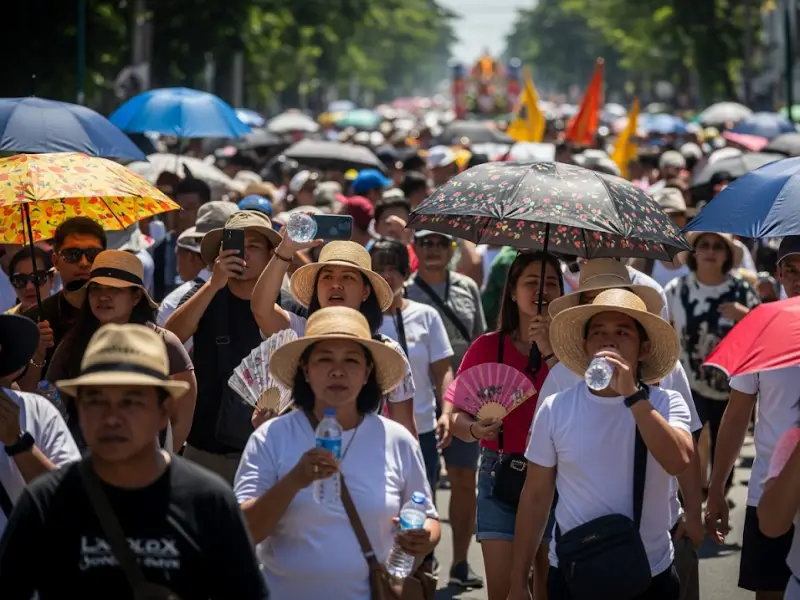 sinulog first timers tips Festival goers with hats, umbrellas, and water bottles at Sinulog parade.