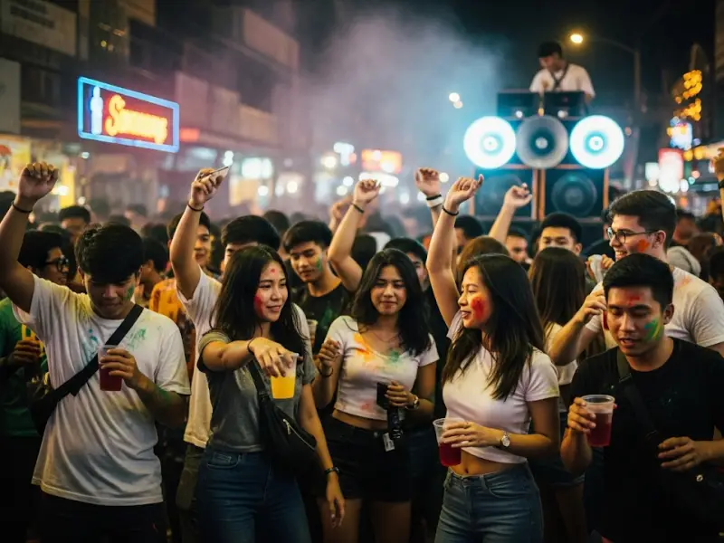 sinulog street party cebu Festival-goers at a Sinulog street party with paint, drinks, and music.