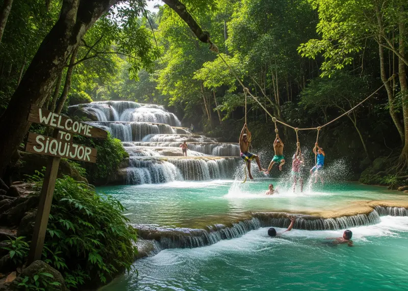 siquijor cambugahay falls 2025 Locals swinging into turquoise pools at Cambugahay Falls in Siquijor.