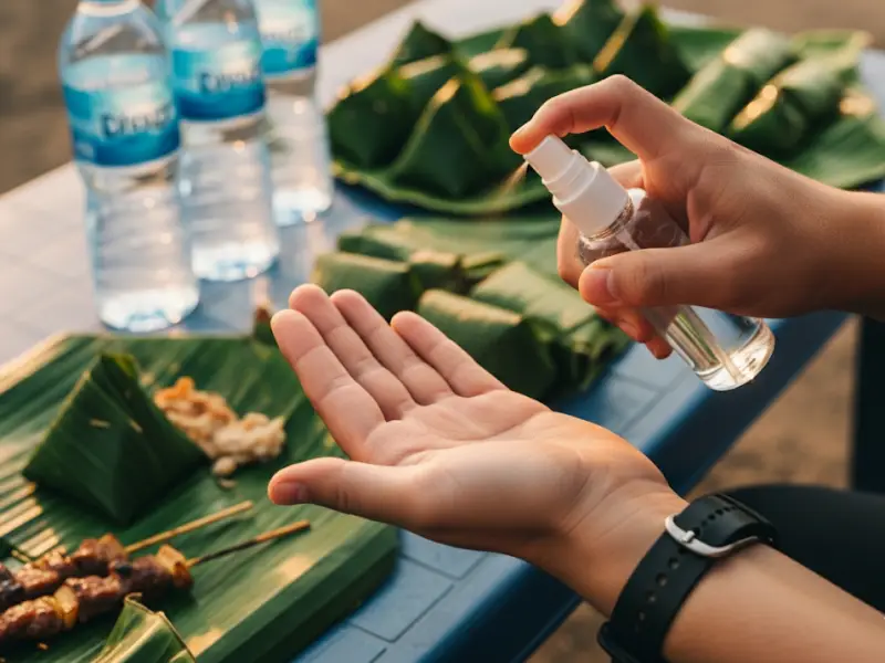 street food hygiene philippines Traveler cleaning hands with alcohol before eating Filipino street food.