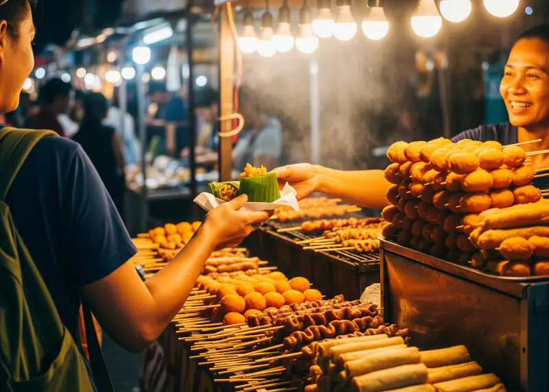 street food night market philippines Filipino street food stall serving skewers and turon to a traveler at night.