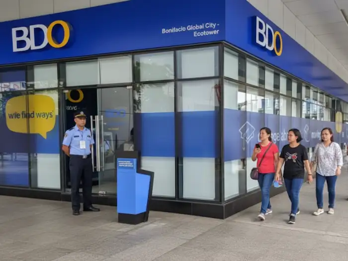street scene outside BDO bank A candid shot of a busy Filipino street scene with people walking on the sidewalk outside a BDO bank branch, while a security guard stands near the entrance.