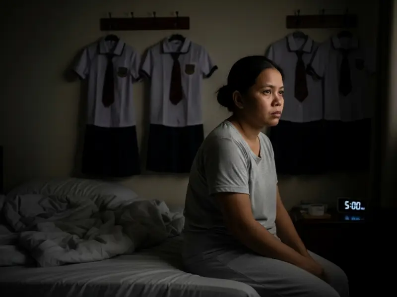tired filipino mom morning A tired Filipino mom sitting on the bed early morning, readying for the day.
