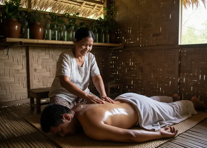 traditional manghihilot filipino healer A Filipino manghihilot giving a hilot massage in a traditional nipa hut setting.