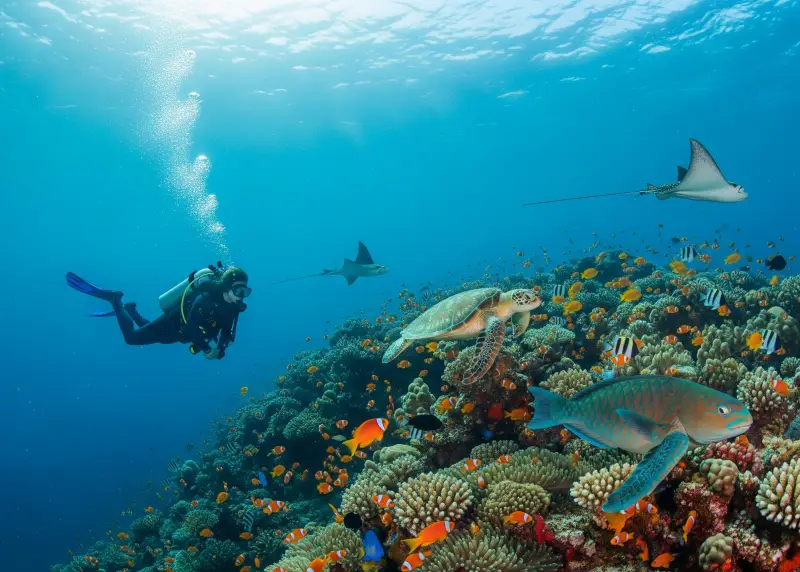 tubbataha reef underwater 2025 Scuba diver exploring colorful coral reefs and marine life in Tubbataha.