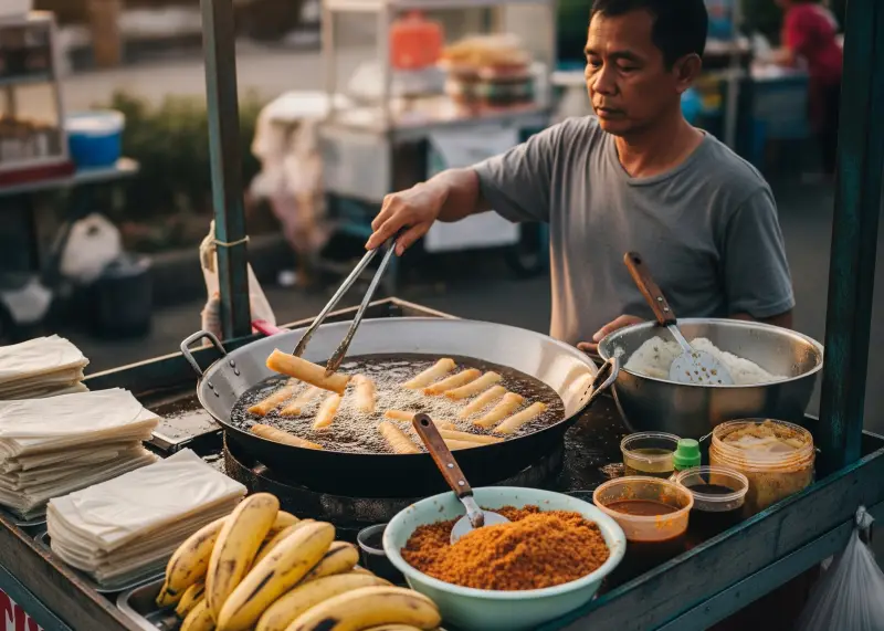turon street food filipino snack Filipino street vendor frying turon banana rolls in a food cart.