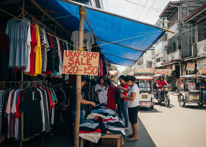 ukay ukay storefront philippines Ukay-ukay shop with racks of secondhand clothes and handwritten sale sign.