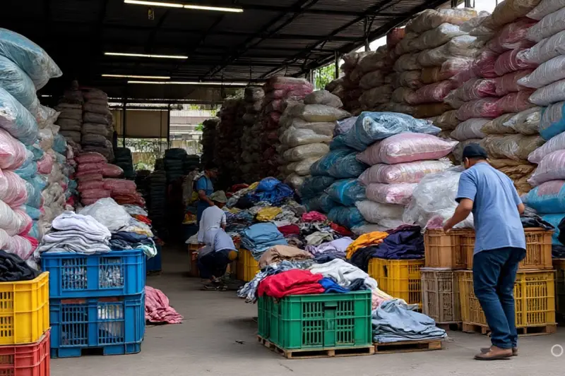 ukay ukay suppliers bales clothes philippines Ukay-ukay bales of clothes stacked in a supplier warehouse in the Philippines.