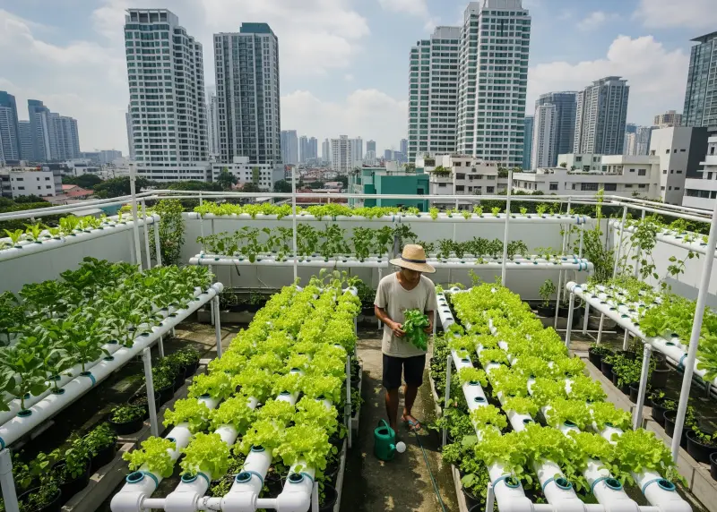 urban farming hydroponics philippines 2025 Rooftop hydroponics farm in Manila growing lettuce and herbs.