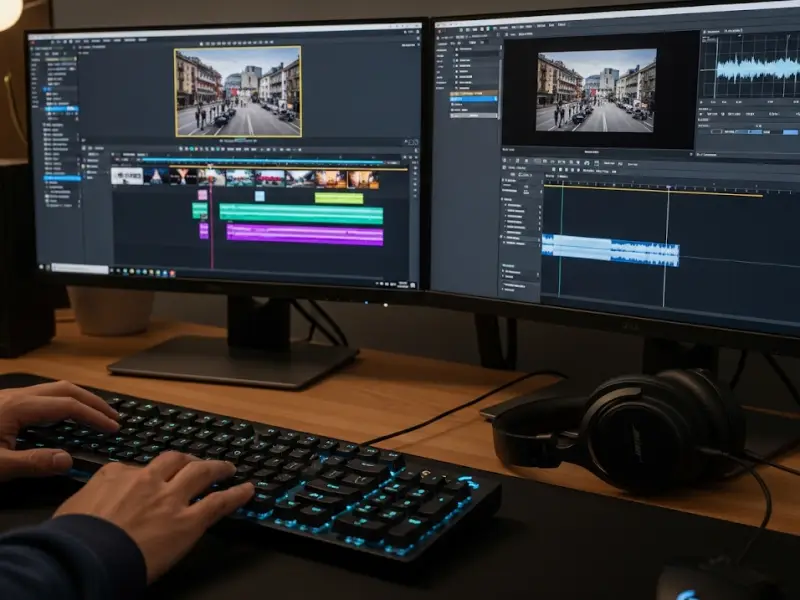 video editor wfh pinoy Dual-monitor video editing workspace with timeline and headphones showing what work from home jobs mean.