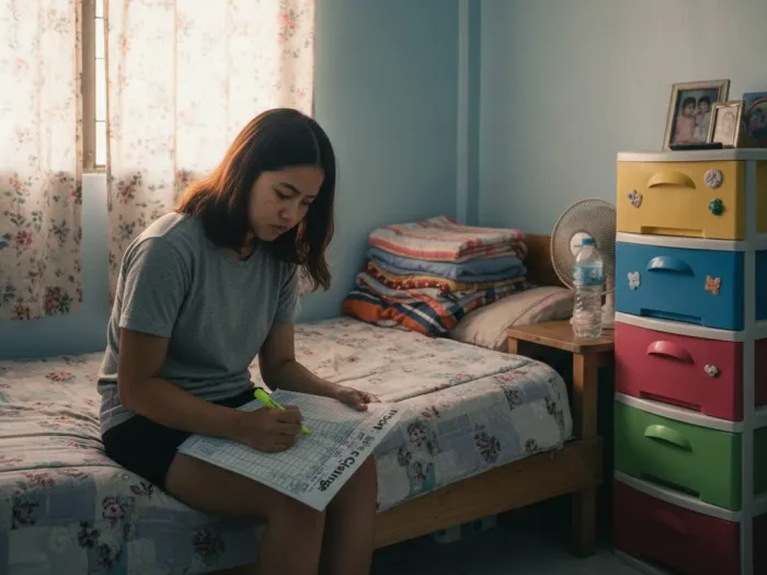 what is ipon challenge pinoy bedroom Filipina reviewing an Ipon Challenge Philippines template inside a modest bedroom.