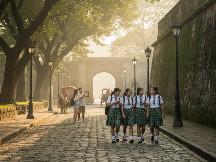why visit intramuros manila travel guide Tourists and students exploring Intramuros Manila travel guide streets.
