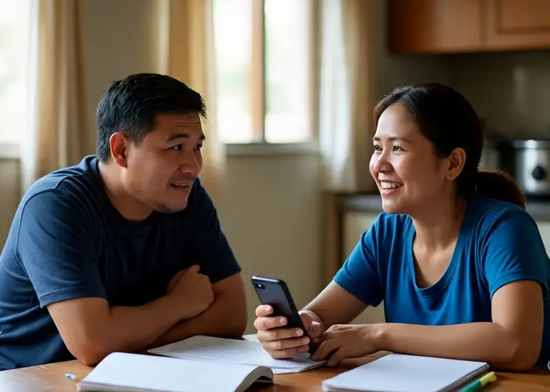 working class filipino couple planning franchise Working-class Filipino couple planning affordable franchise opportunities in their modest home.