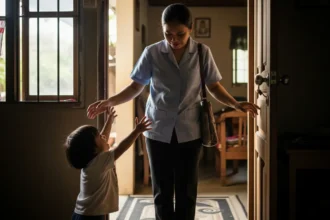 A Filipino mom leaving home for work, child reaching out to her, symbolizing working mom guilt.