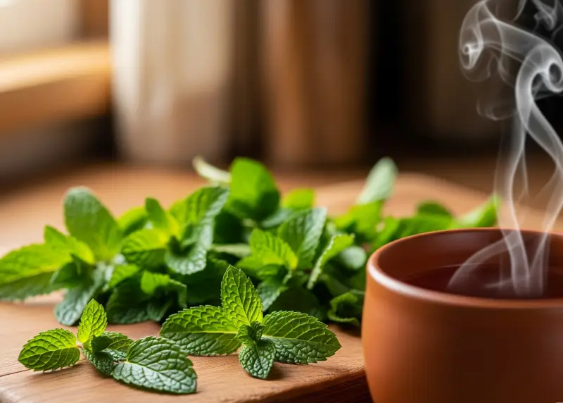 yerba buena herbal medicine doh Fresh Yerba Buena leaves and a steaming cup of herbal tea.