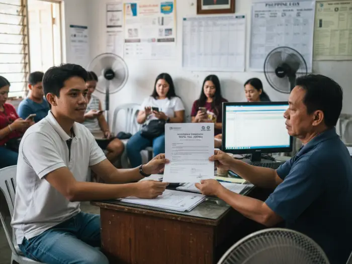 accredited employer work visa aewv philippines Filipino applicant reviewing Accredited Employer Work Visa (AEWV) job contract in PH.