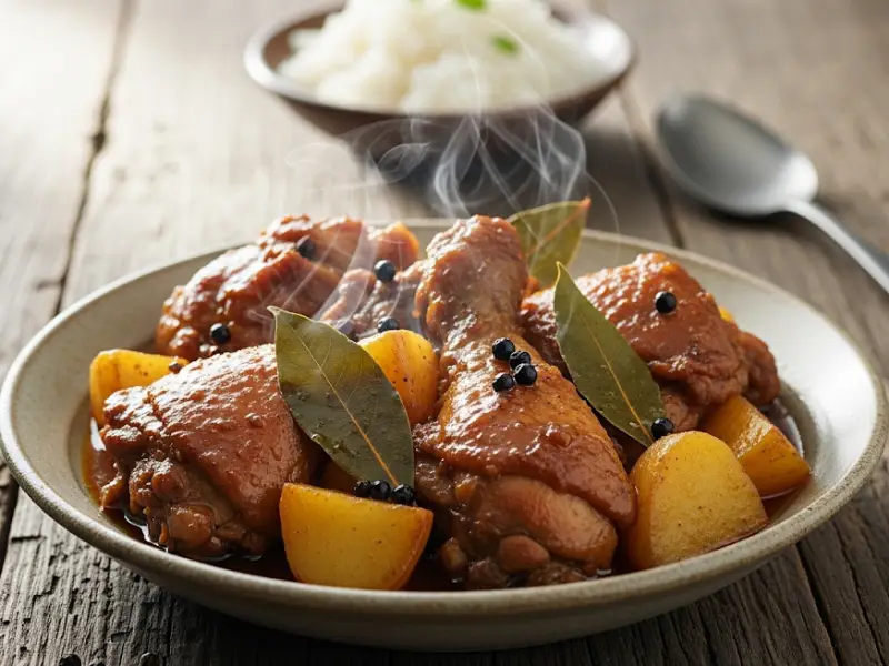 adobo flakes fried rice Chicken adobo with potatoes served in a bowl with rice on the side.