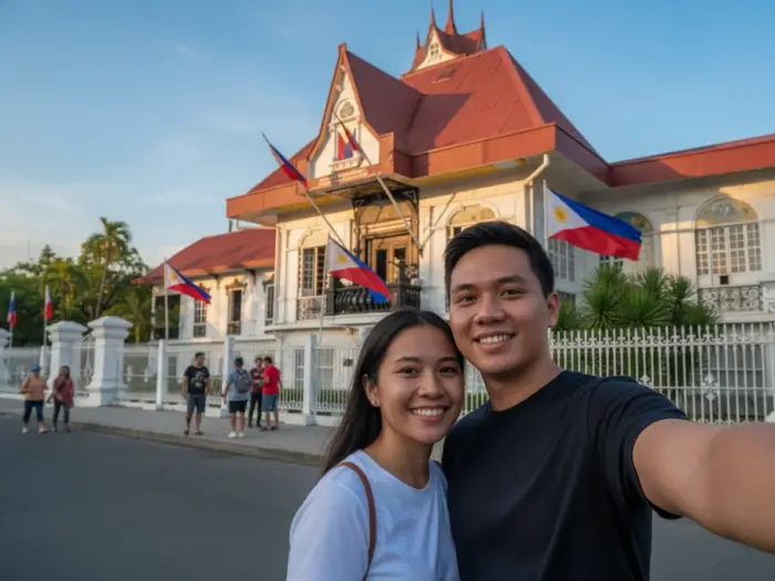 aguinaldo shrine kawit independence couple A young couple outside the Aguinaldo Shrine in Kawit, Cavite, where the Philippine flag is displayed.