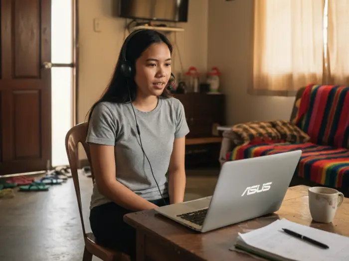 apply get hired online tutor philippines Filipino applicant on video call interview to get hired as an online English tutor.