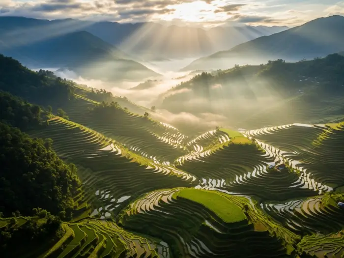 banaue rice terraces aerial sunrise view An awe-inspiring aerial view of the Banaue Rice Terraces in Ifugao at sunrise, with mist in the valleys.