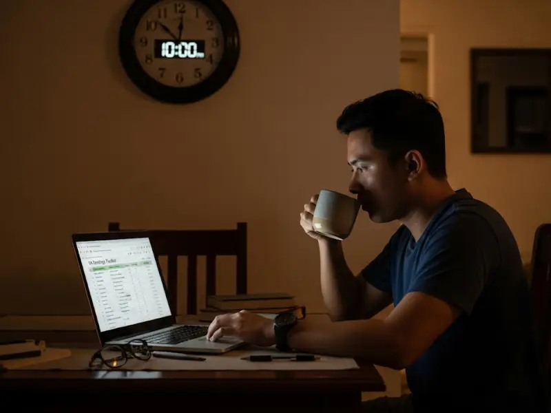 beginner va earnings philippines Filipino virtual assistant working late night tracking earnings on his laptop.