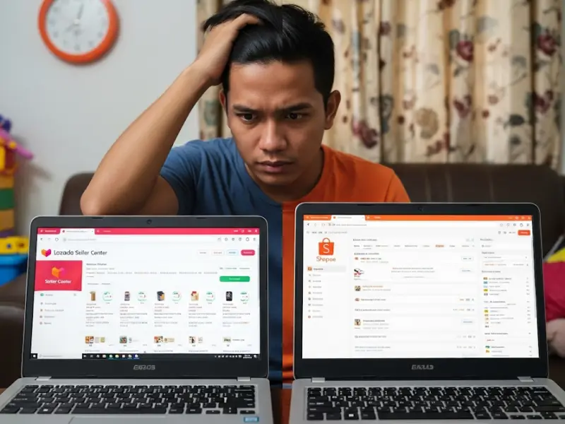 best platform for dropshipping philippines Filipino entrepreneur comparing Shopee and Lazada platforms for dropshipping.