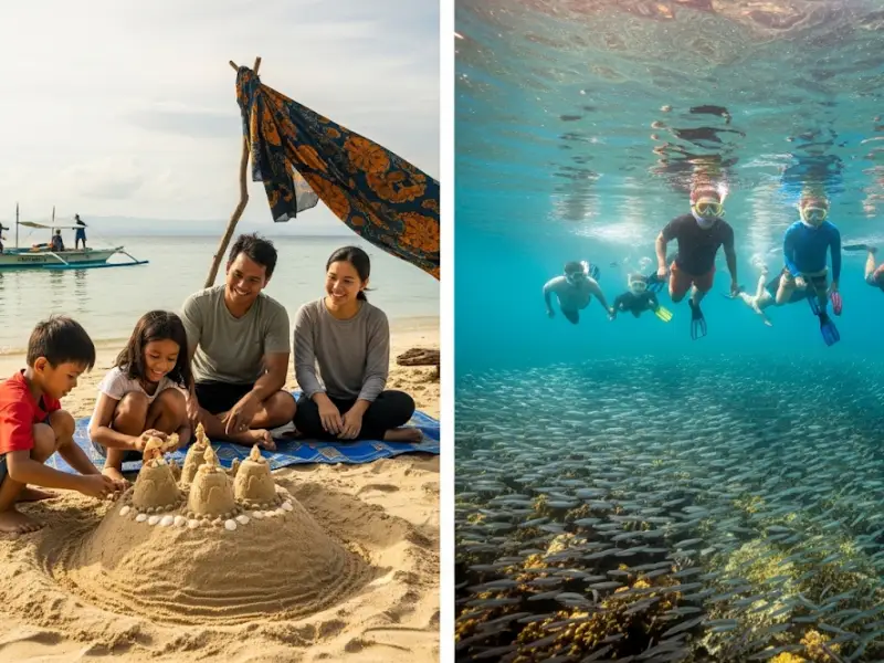 bohol cebu family beaches Families enjoying sandcastle building in Bohol and snorkeling in Cebu.