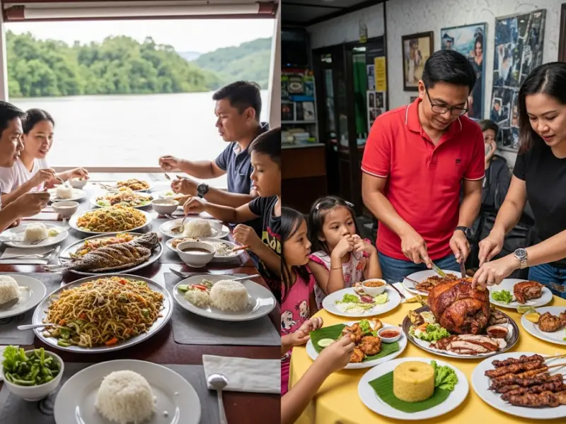 bohol cebu family dining Families dining on Bohol’s Loboc River cruise and enjoying Lechon Cebu.