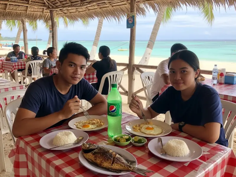 boracay budget carinderia Filipino couple eating cheap carinderia food in Boracay while enjoying the island view.