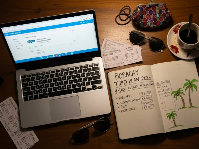 boracay budget pretrip plan Filipino traveler planning a Boracay budget trip with flight tickets and ₱7,000 savings guide.